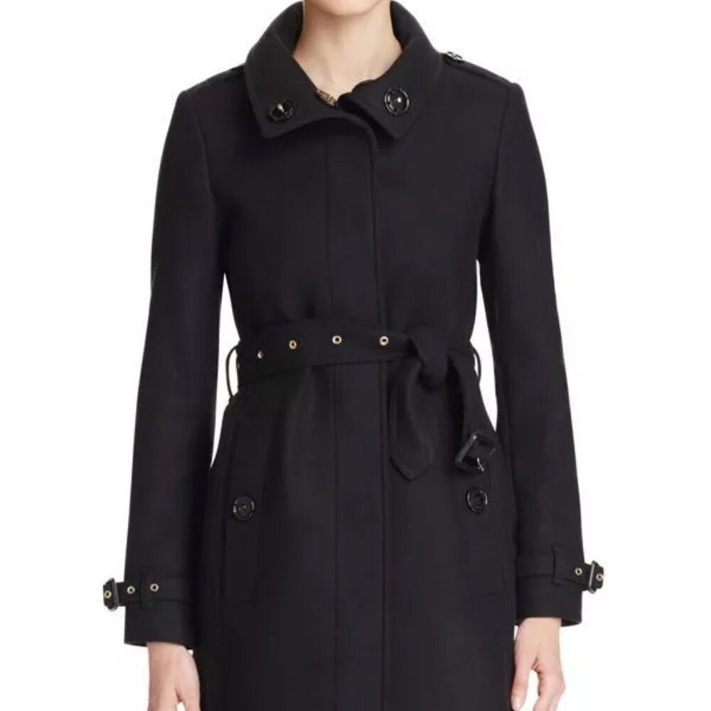 Burberry Gibbsmoore Wool Blend Belted Coat with Stand Collar - US Size 8